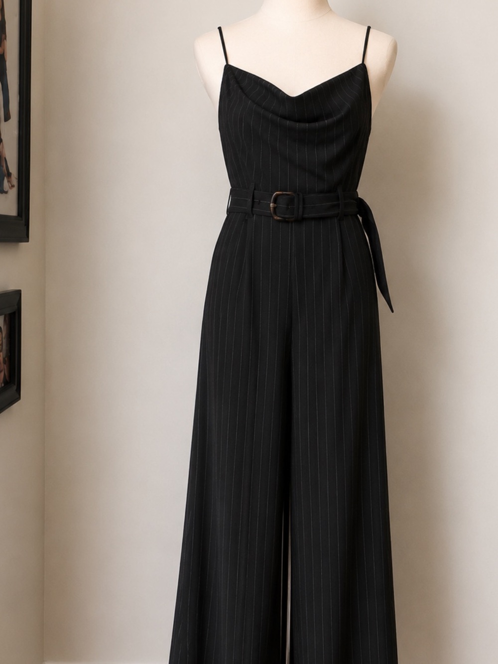 Sleeveless Black Pinstripe Wide-Leg Belted Jumpsuit